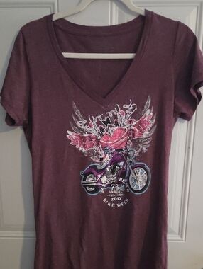 Women's V-Neck Graphic Tee in Plum with Motorcycle Design Daytona Bike Week 2017